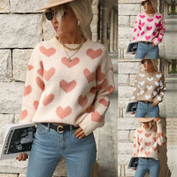 Pull-over col rond jacquard cœur pour femme, style décontracté et ample, idéal pour la Saint-Valentin, tenue d'automne/hiver pour rendez-vous, personnalisable ODM/OEM