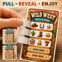 Tarjetas de juego Wild West Pull Tab con cinco ventanas abatibles, boletos de premio instantáneo personalizados para fiestas de vaqueros, eventos y recaudaciones de fondos