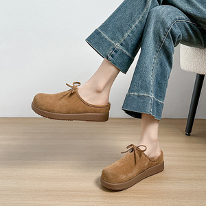 Mules plates en cuir véritable à bout fermé avec nœud, chaussures d'été pour femmes, semelle souple, confortables - Product Image 2