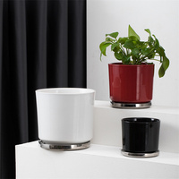 Murah Modern Matte Abu-abu Mengkilap Keramik Pot Bunga Set Dalam Ruangan Dekoratif Pot Tanaman dengan Nampan