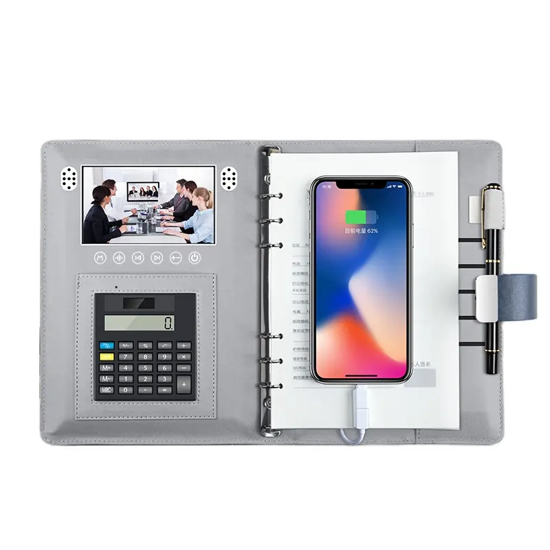 Cuaderno de cuero con bloqueo de huella dactilar personalizado, Powerbank inalámbrico con cable, diario, vídeo, pantalla de 4,3 pulgadas, recargable, 6000mah, 16G, regalo A5