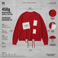 Chemise à manches longues en tricot gaufré RAMAX, style patchwork déchiré, grunge, streetwear Y2K, rouge, pour homme, coupe ample, vente en gros, personnalisable