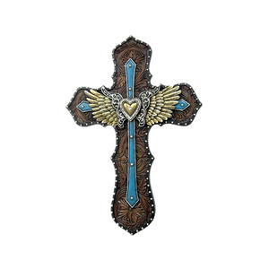 树脂新宗教工艺品天主教蓝心分层翅膀十字架装饰