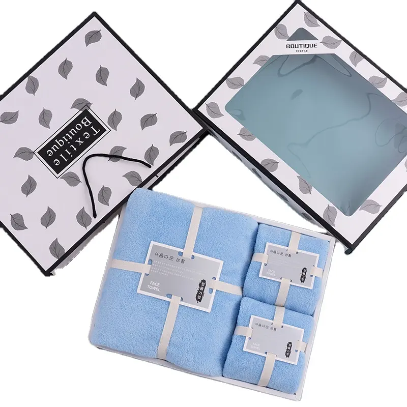 Wholesale bathroom towels set 3pcs blue 70*140cm coral velvet towels microfiber coral fleece bath towel gift set box