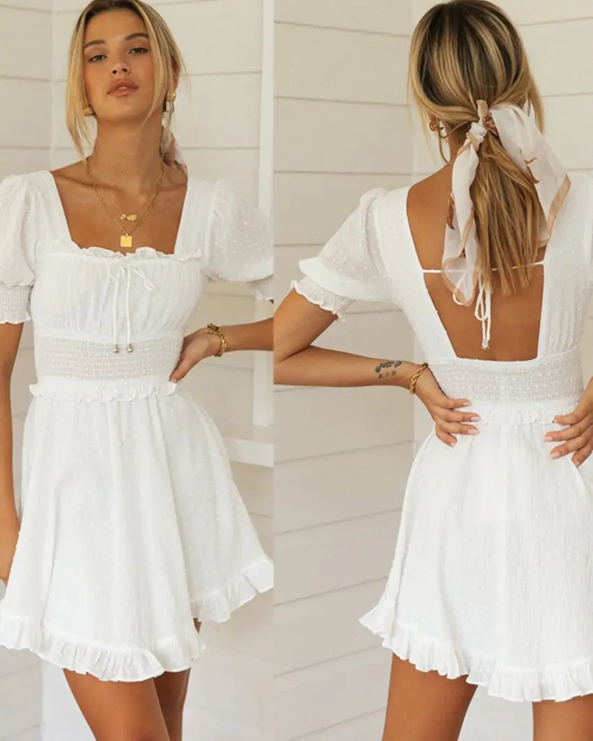 100% cotton white lace square collar bubble sleeve ruffles short sleeve backless mini dress short dress boho dress for women