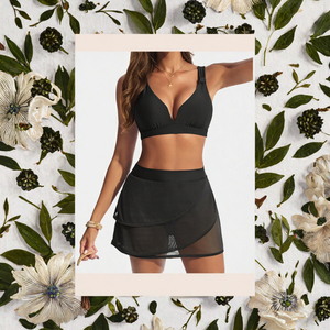 Wholesale Women Black Bikini Set V-Neck Push Up Padded <b>Swimsuit</b> with High Waisted Layered Mesh <b>Skirt</b> Beachwear Swimwear - Product Image 3
