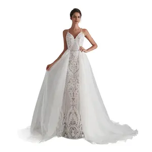 Ruolai PWD-H1183 Vrouwen Sexy Spaghetti Lovertjes Lace Bridal Gown Wedding Dress Bridal Afneembare Mermaid Wedding Lange Jurk