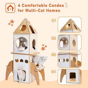 Tour à chat en bambou moderne et esthétique, design fusée, station d'activités professionnelle, centre de jeu robuste à plusieurs niveaux pour chatons, en carton - Product Image 5