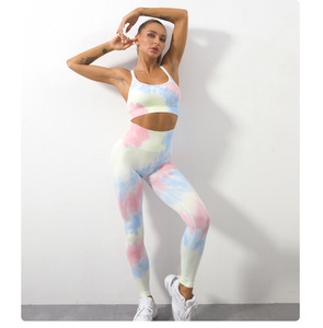 OEM ODM <b>Tie</b> Dye Workout Seamless Sports Suit Spandex Fiess Leggings Pants with Peach Buttocks <b>Print</b> Logo on Waist Yoga Wear Set - Product Image 4