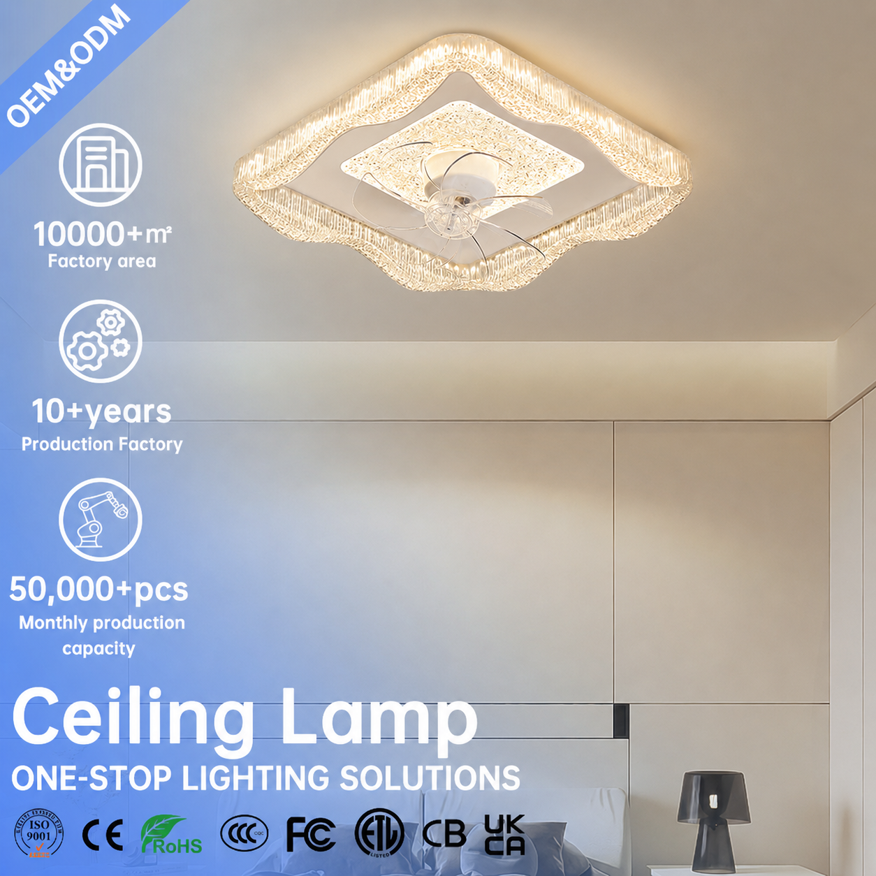 Square LED Ceiling Fan Light, Flush Mount Invisible Blade Ceiling Lamp with Fan for Bedroom Living Room, Home Ceiling Fixture