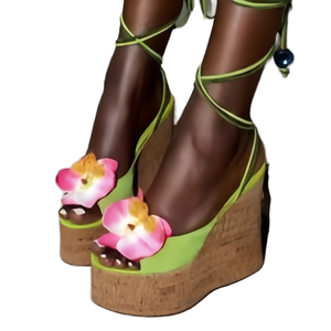 Sandalias de plataforma gruesa con estampado de madera y cordones para mujer, tacón de cuña ultra alto, diseño sólido con tiras cruzadas en el tobillo, ideales para el verano. - Product Image 2