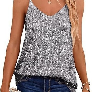 Women <b>Sequin</b> V Neck Sleeveless Camisole Light Gold Breathable Casual <b>Top</b> 3D Effect Polyester Shirt - Product Image 3