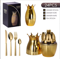 Luxuriöses Kreatives Kronen-Ei-förmiges Goldenes Edelstahl-Besteckset mit 24 Teilen, Verchromter Koffer, Messer, Gabel, Löffel, Besteckset mit Halter
