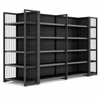 Étagère Gondole Double Face Robuste en Métal Noir avec Panneau Perforé, 5 Niveaux, pour Présentation de Snacks, Épicerie et Vente au Détail, Type Îlot