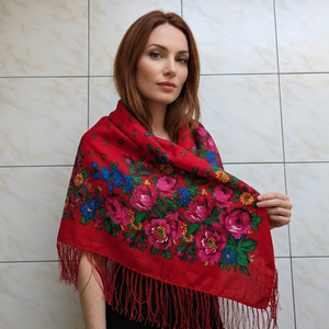 Traditional Berber Amazigh Fringe <b>Scarf</b> Kabyle Floral Headscarf <b>Red</b> Embroidered Cotton Autumn Wholesale Custom OEM Manufacturer - Product Image 2