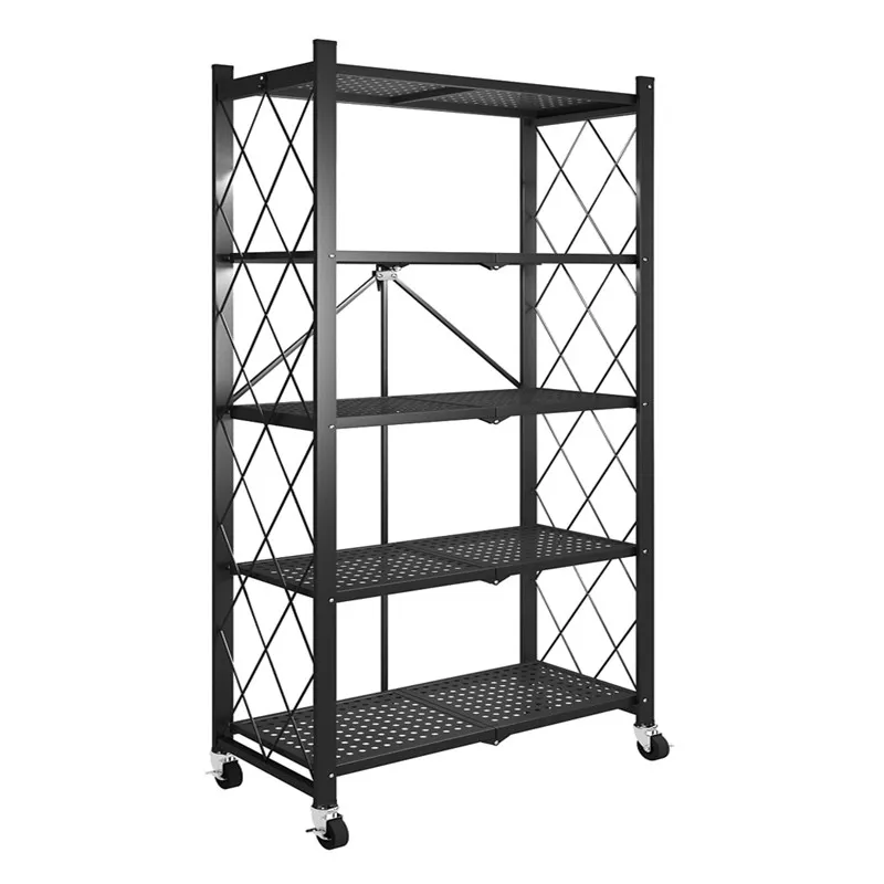 Rack de armazenamento de varanda com 5 camadas, rack dobrável de armazenamento para cozinha, com rodas e caixas de metal, multifuncional