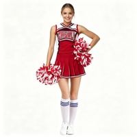 Uniforme de Animadoras Rojo y Blanco Listo para Competencia, Top sin Mangas y Falda con Pompones para Presentaciones