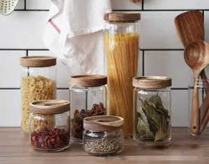 Boîtes de conservation hermétiques pour le thé, le café et le sucre en verre borosilicaté avec couvercle en bois 300ml 500ml 750ml
