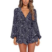 Robe d'été à imprimé floral bleu et blanc pour femme, avec nœud papillon, col en V et manches longues