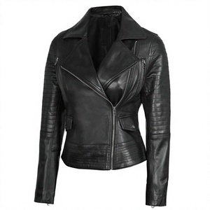 Blouson moto en cuir véritable noir pour femme, manches longues, fermeture éclair, col ouvert, style motard, vêtement d'extérieur pour l'automne - Product Image 1