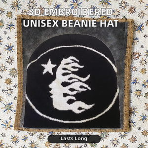 Unisex Jacquard Knit Beanie <b>Hat</b> 3D Embroidery Side Face Design Street Fashion In-Stock All Digital Printing 100% Acrylic Button - Product Image 2