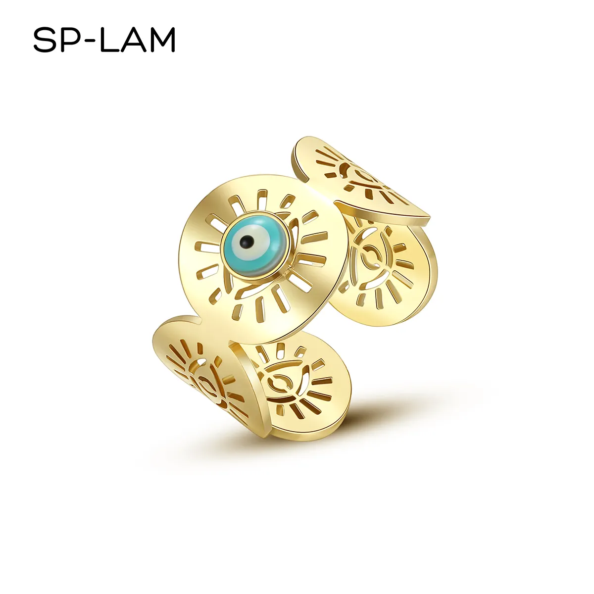 SP-LAM नीली आंखों मरकत बुरी खुले स्टेनलेस स्टील पत्थर गहने डिजाइनर बोहेमियन Chunky अंगूठी