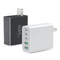 Chargeur mural rapide HNT GaN 60W PD 5-en-1, adaptateur secteur multi-ports 3 USB-C et 2 USB-A, prise US/EU/UK/AU pour iPhone 17/16/15 Pro Max