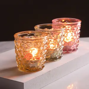 Pink Embossed Clear Custom Unique Tea Light Empty Glass Candle Jars Holder With Lids