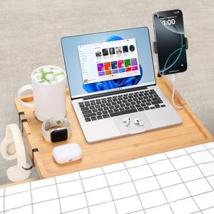 Wooden Bedside Table <b>Clip</b> On Portable Laptop Tray Storage Rack For Bedroom With Phone Holder And Headphone <b>Hook</b> - Product Image 2