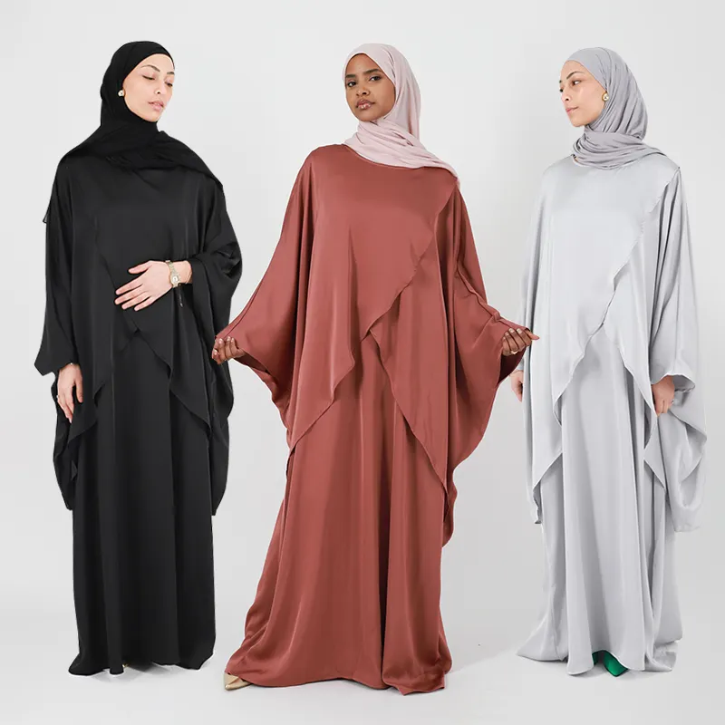 Islamic clothing light elegant 2-piece abaya dress custom solid color loose butterfly cut sleeves top with sleeveless dress