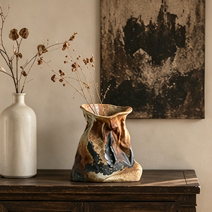 Vase en céramique fait main marbré aux tons terreux, forme sac froissé irrégulière, style Wabi Sabi, pour décoration de table ronde - Product Image 6