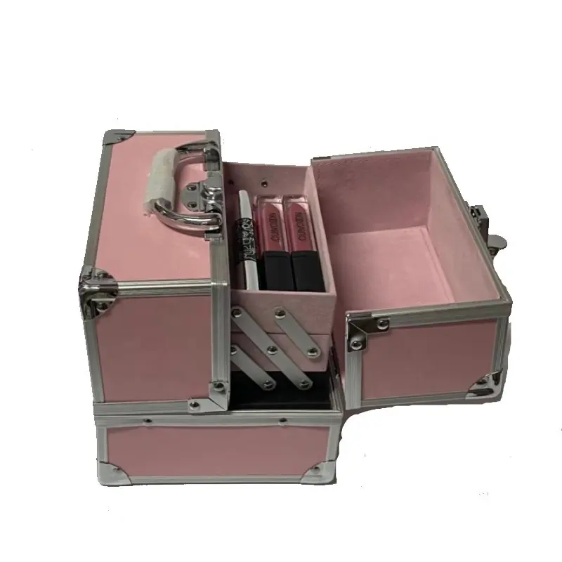 छोटे एल्यूमीनियम मेकअप मामले कॉस्मेटिक भंडारण बॉक्स गुलाबी सौंदर्य श्रृंगार कील कला आयोजक