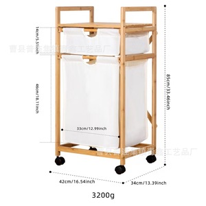 Bamboo Wood 3 Tier Laundry <b>Cart</b> With Wheels For Bedroom Bathroom <b>Storage</b> Canvas Organizer - Product Image 3