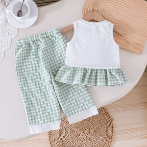 Ensemble 2 pièces décontracté et respirant pour bébé fille : Haut en laine sans manches avec nœud exquis et pantalon long en dentelle florale – Collection été tendance - Product Image 2