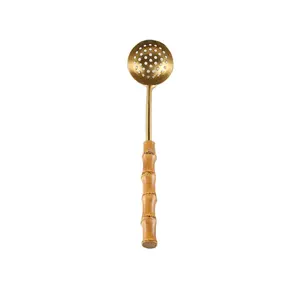 Tableware Gold Stainless Steel Long Natural Bamboo Root Wood Wooden Handle Small Colander Skimmer Serving Slotted Spoon