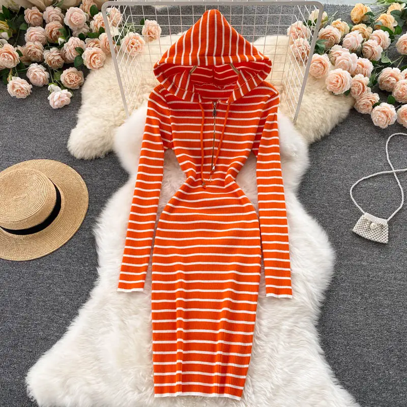 Korean version college style casual Hoodie zipper slim fit short retro stripe long sleeve knitted dress autumn women