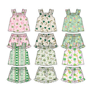 Set da bambina in tessuto non elasticizzato, top senza maniche con volant, pantaloncini stampati, logo personalizzato, taglia - Product Image 3