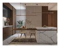 Moderne Luxus-Holzfurnier-Küche mit Schwarzem Oberschrank, Marmor-Rückwand, Kochinsel und Integriertem Esstisch