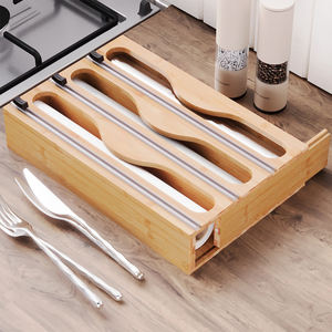 Distributeur mural multi-niveaux pour film alimentaire, boîte de <span class=keywords><strong>rangement</strong></span> en bambou pour papier d'aluminium avec coupe bidirectionnel pour ustensiles de cuisine - Product Image 4