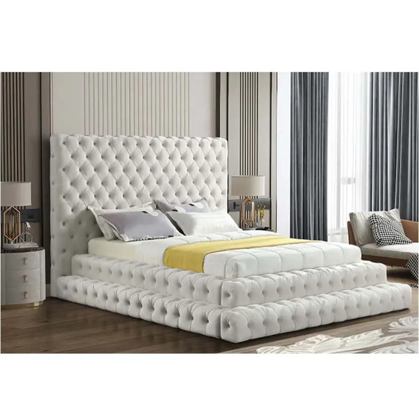 Winforce Modern Luxurious Bedroom Furniture Velvet King Queen Size Storage Bed Frames New Design Velvet Fabric Wooden Bed