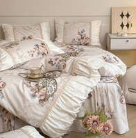 Baumwoll-Bettwäsche Rüschen-Bettbezug-Set Blumendruck Romantischer Prinzessinnen-Stil Spitzen-Bettwäsche-Set mit Rüschen und Reißverschluss