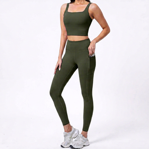 Olive Green 2 Piece Yoga <b>Set</b> <b>Square</b> Neck Crop Top High Waist Leggings Seamless With Pockets Full Length Activewear - Product Image 1