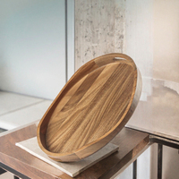 Plateau de service ovale en bois d'acacia avec poignées, plateau en bois pour table basse, présentation de petit-déjeuner