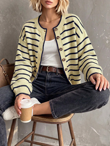 Women's Striped <b>Cardigan</b> Sweaters Casual Button Down Crewneck Long Sleeve Knit Outerwear <b>Coat</b> - Product Image 6
