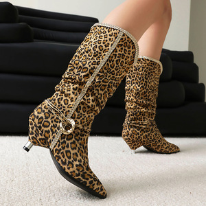 Denim Flock Piled Pleated <b>Ankle</b> Boots ZIP Closure Low Spike Heels Dress Stiletto Women Retro Styles Pointy Toe Short <b>Booties</b> - Product Image 5