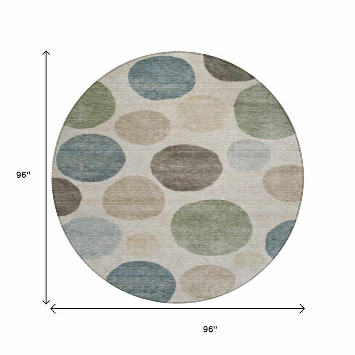 HMS 8' Khaki Fern Green and Teal Blue Indoor/Outdoor Area Rug with Geometric Round Design Washable Carpet