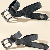 Ceinture Y2K pour femme, ceinture de créateur, motif floral vintage en relief, boucle ardillon antique, en cuir PU, accessoire de taille pour le travail ou les jeans