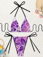 Ensemble de bikini triangle pour femme, imprimé tribal polynésien vert lime, bleu et orange, avec liens halter, deux pièces, maillot de bain de plage