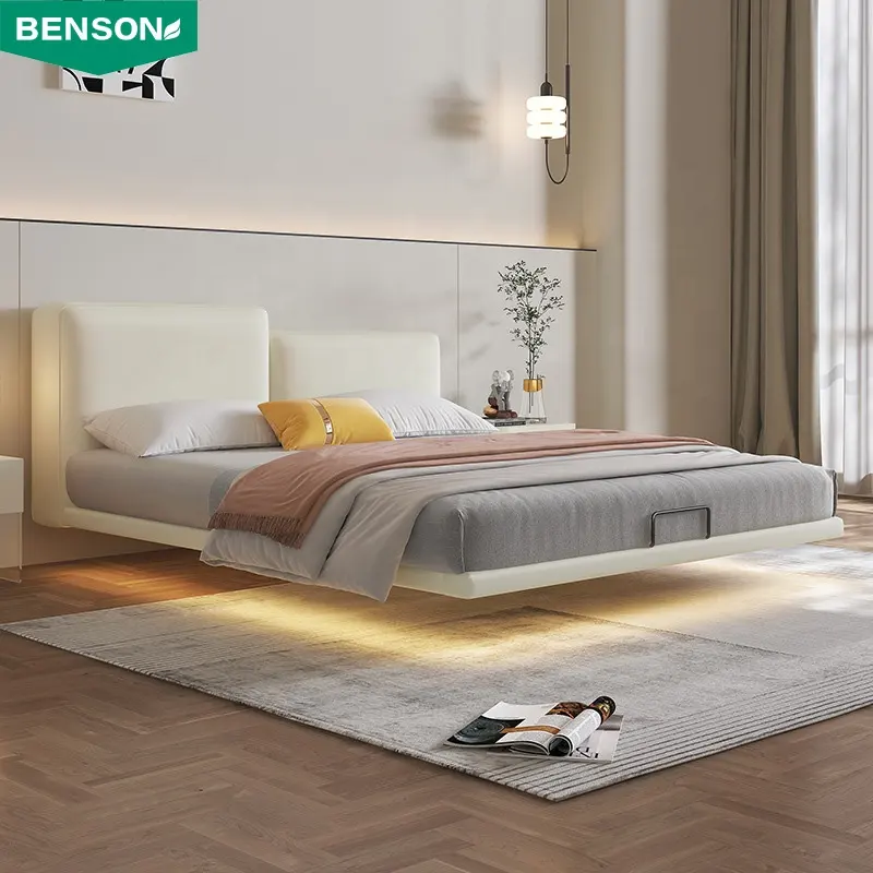 Diseño simple tamaño completo doble moderno lujo marco de madera suspendido suave dormitorio muebles de cuero camas King para adultos