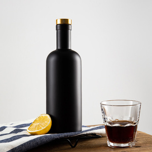 空のラウンドハイフリント375ML 500ML 750MLマットブラックアスペクトガラスボトル木製コルク付きリキュールウイスキー用 - Product Image 5